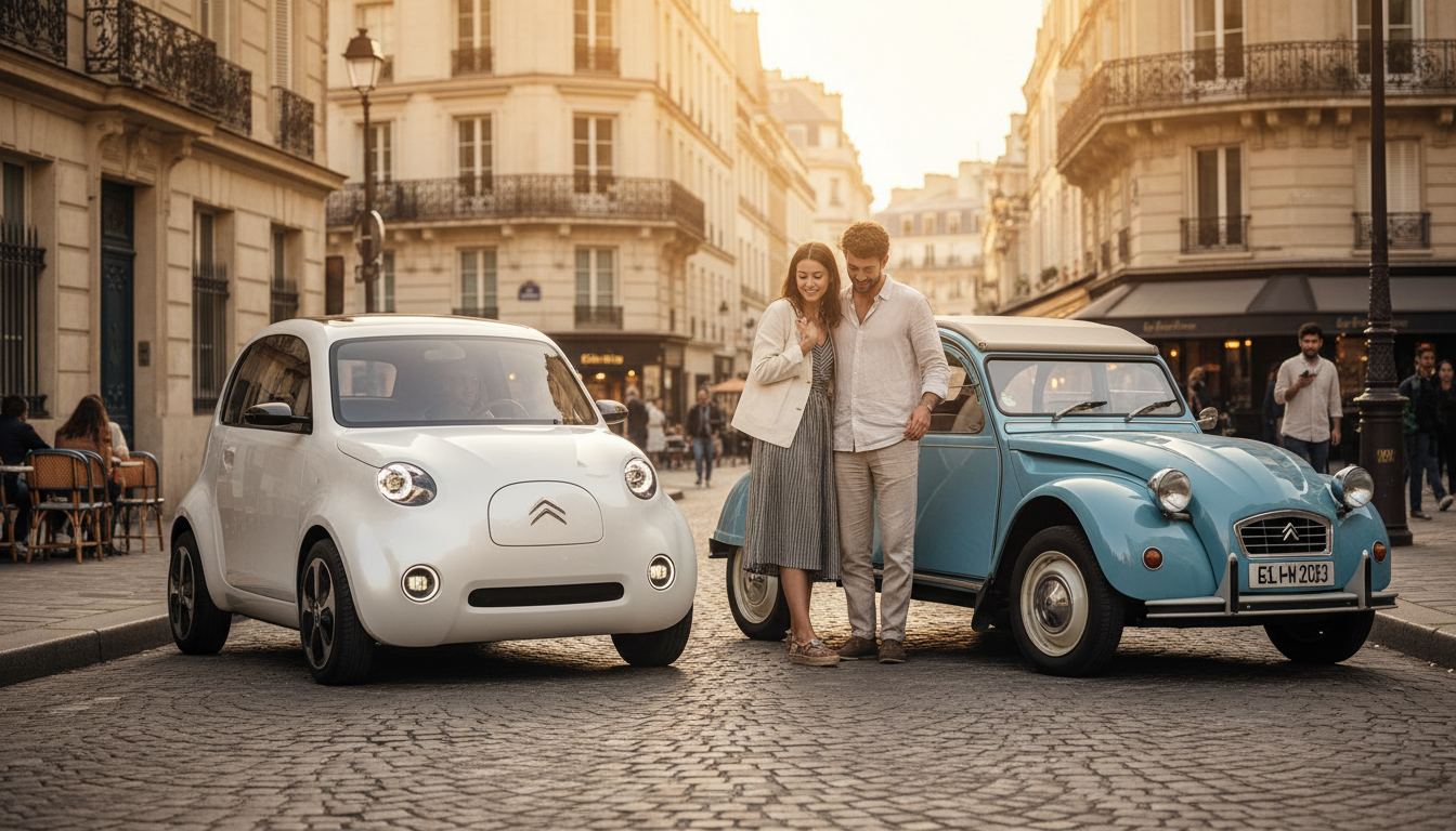 Citadine électrique moderne à côté d'une 2CV classique