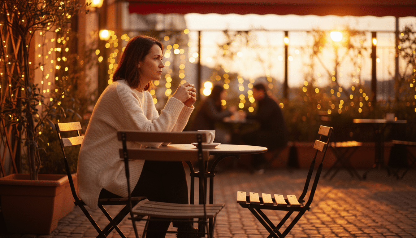 Femme seule pensive à une terrasse de café au crépuscule