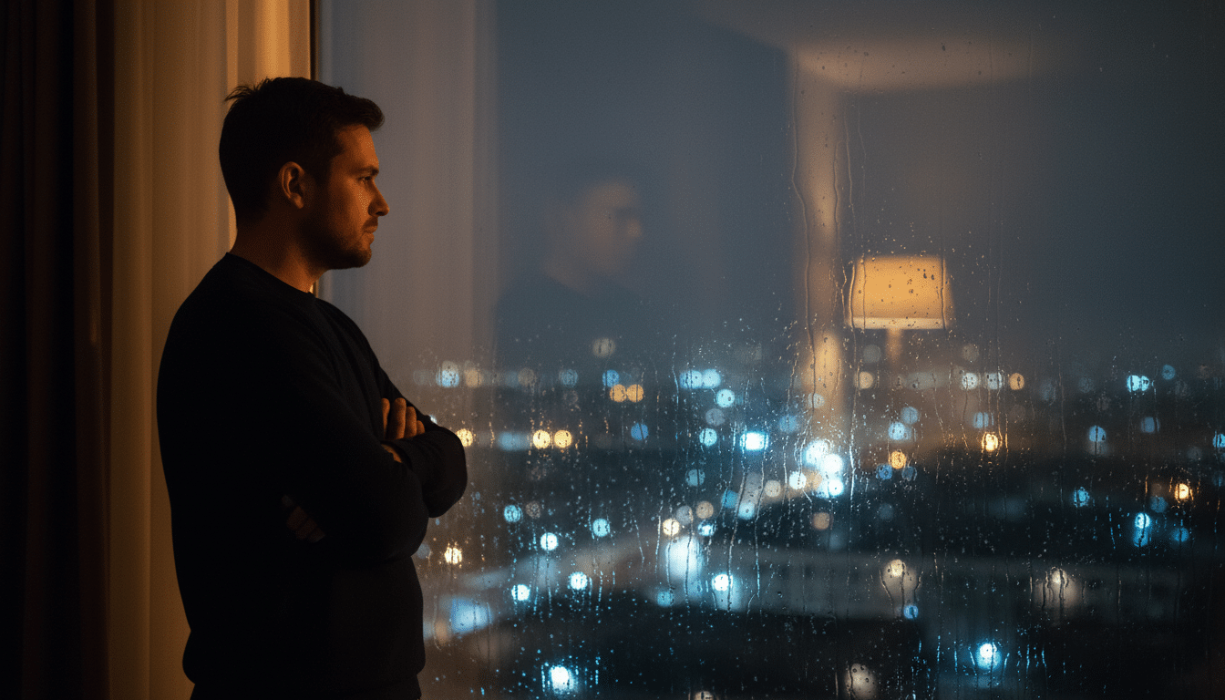 Homme pensif regardant par une fenêtre la nuit