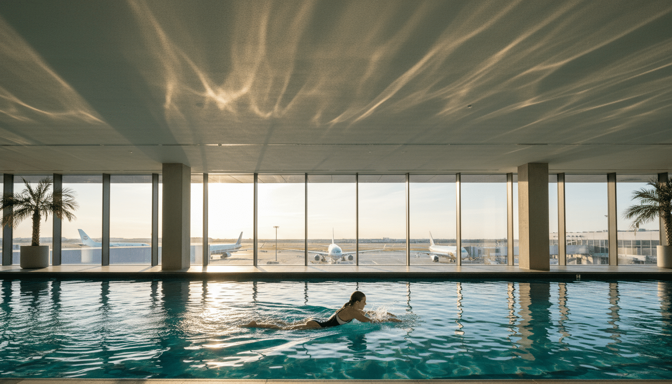 Piscine intérieure avec vue sur les pistes d'un aéroport