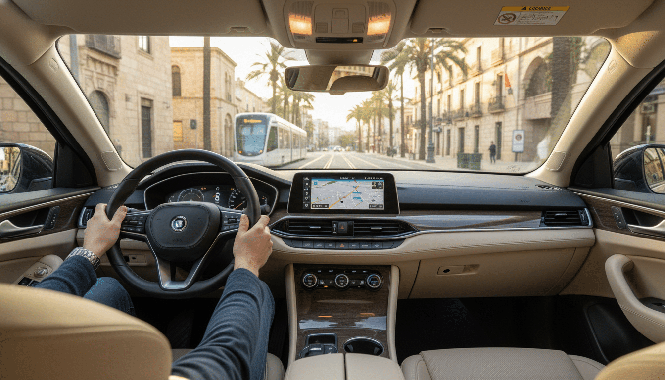 Siège passager vide dans une voiture en zone urbaine