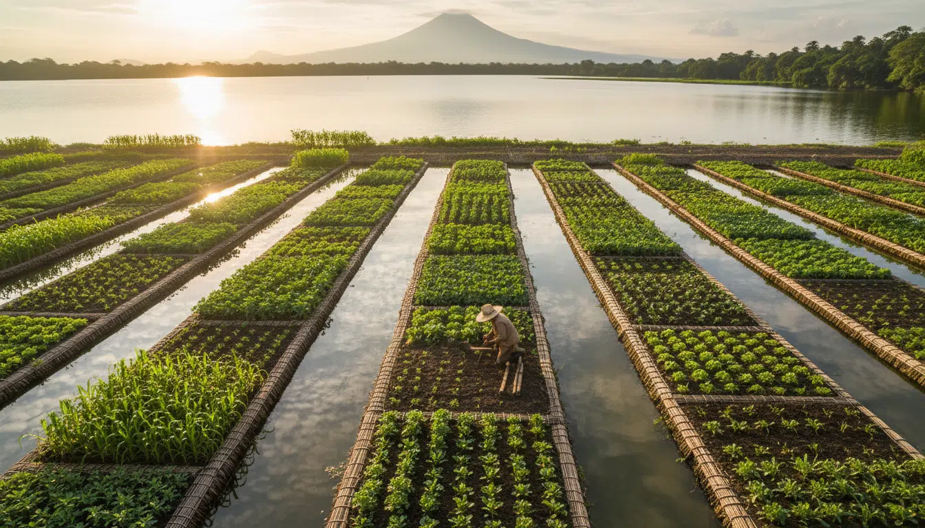 Jardins flottants chinampas aztèques sur un lac