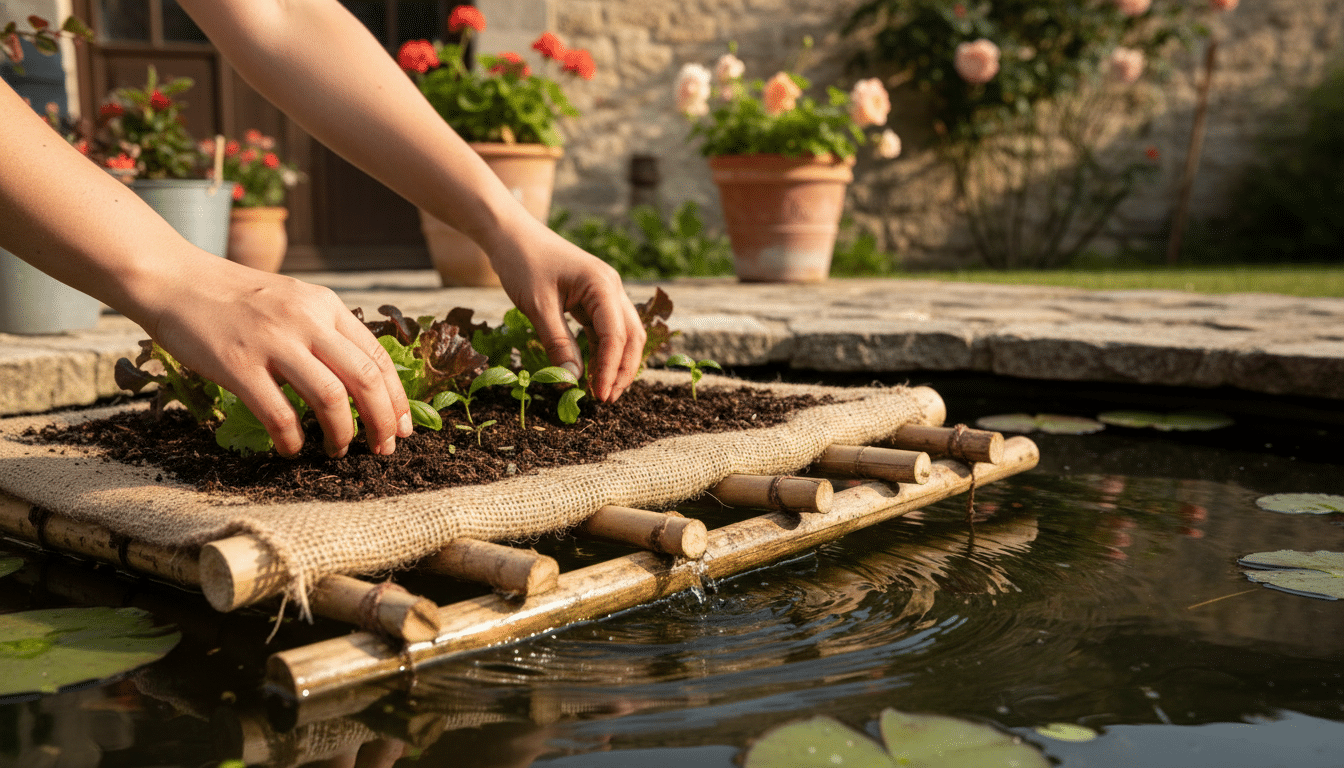 Plantation de semis sur un radeau flottant en bambou