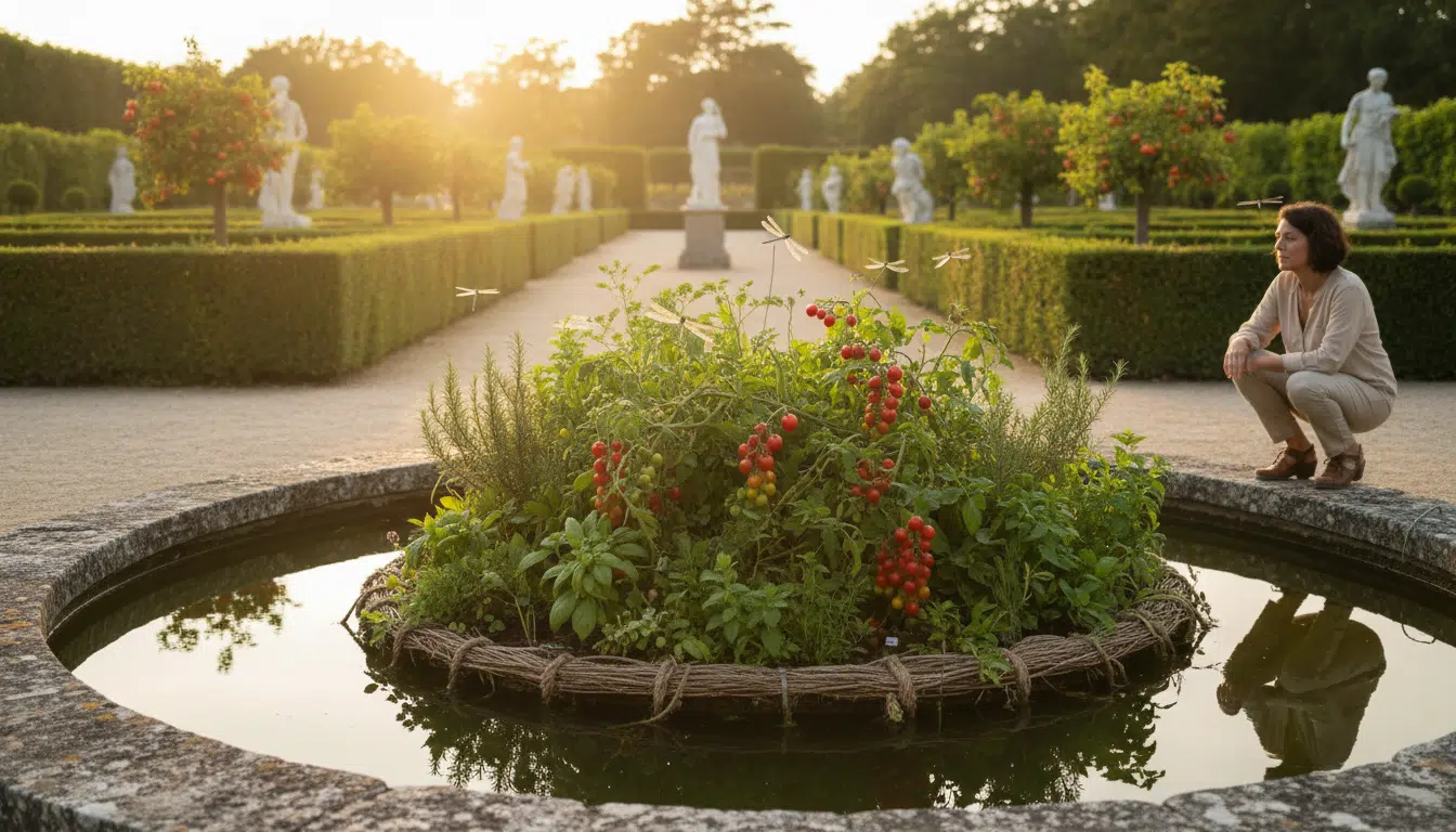 Potager flottant avec tomates et aromatiques sur un bassin de jardin