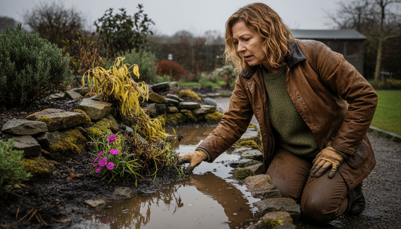 Jardinière dépitée devant une rocaille détrempée avec lavandes jaunies