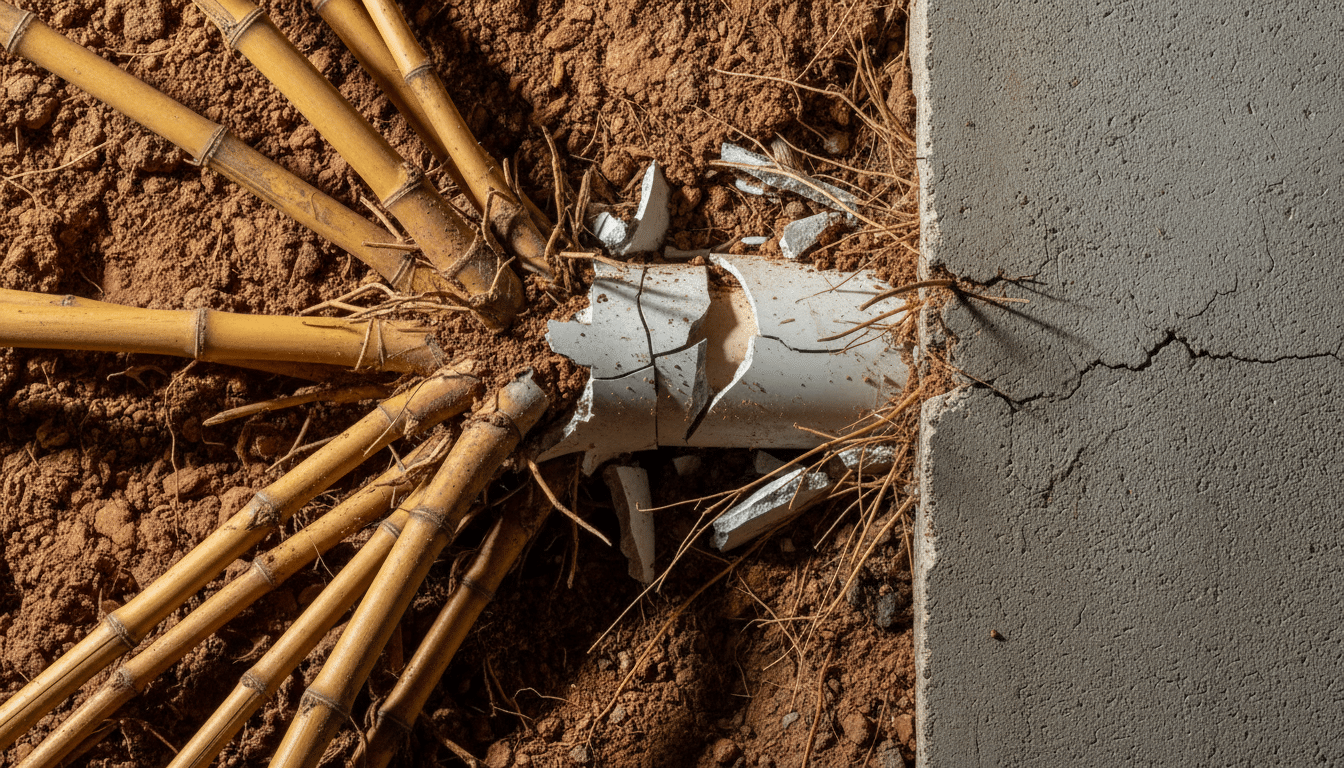 Rhizomes de bambou perçant une canalisation PVC sous terre