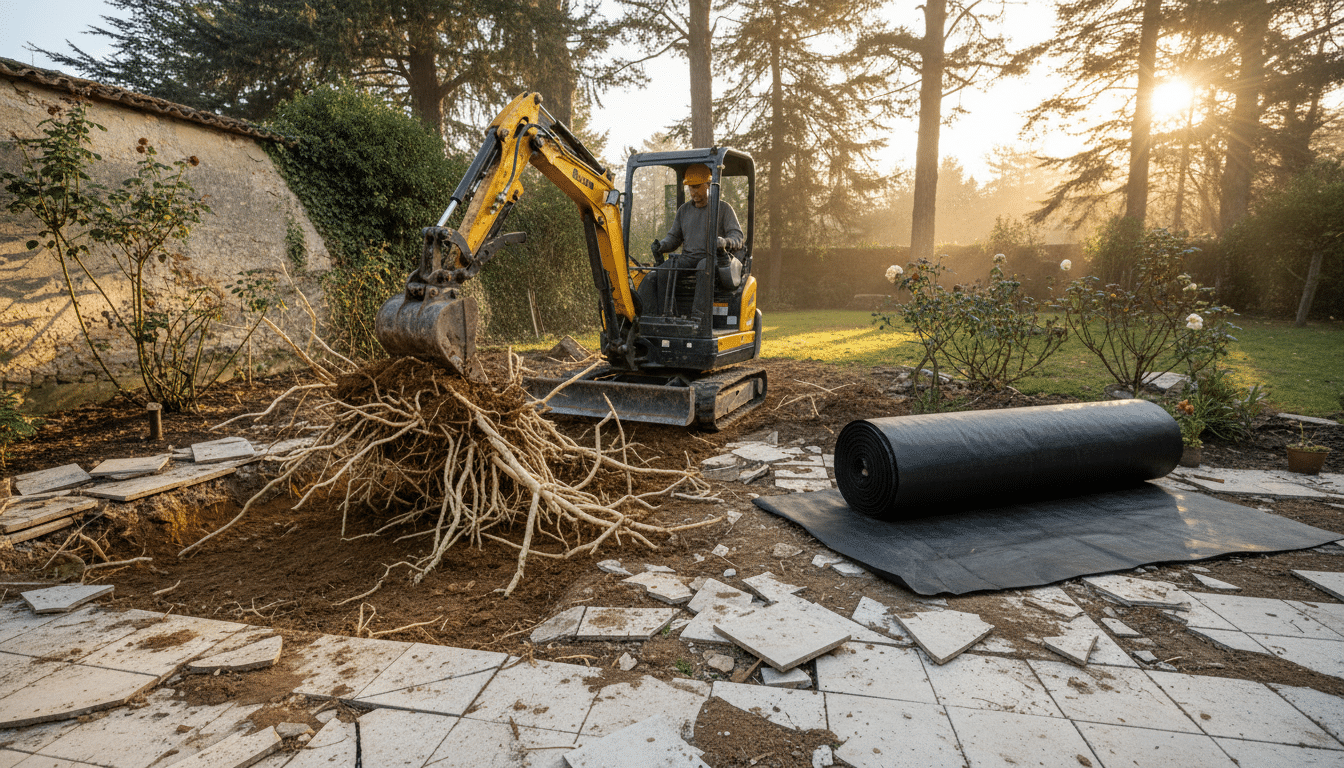 Extraction de rhizomes de bambou à la mini-pelle dans un jardin