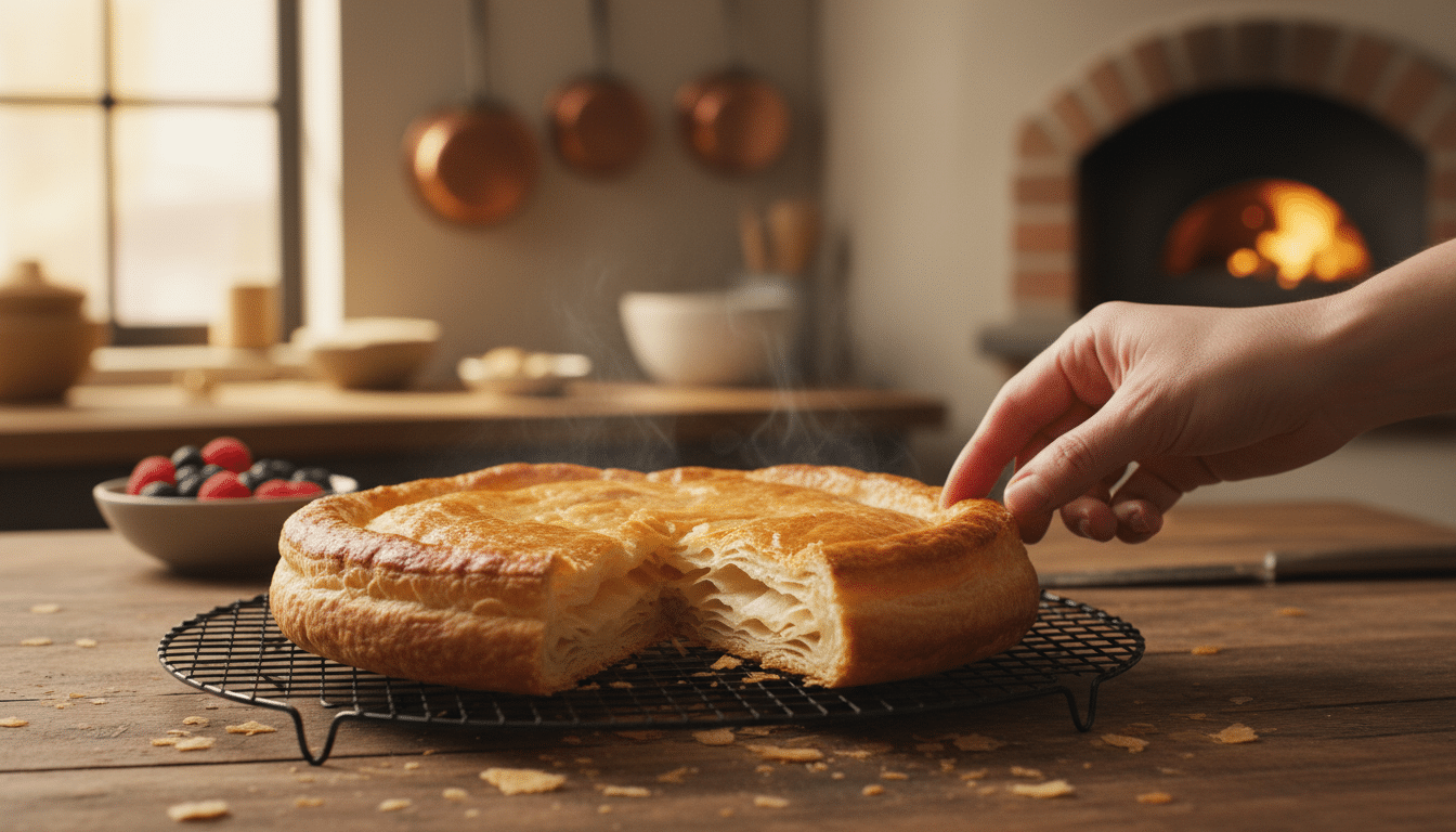 Tarte feuilletée dorée avec couches visibles à la découpe