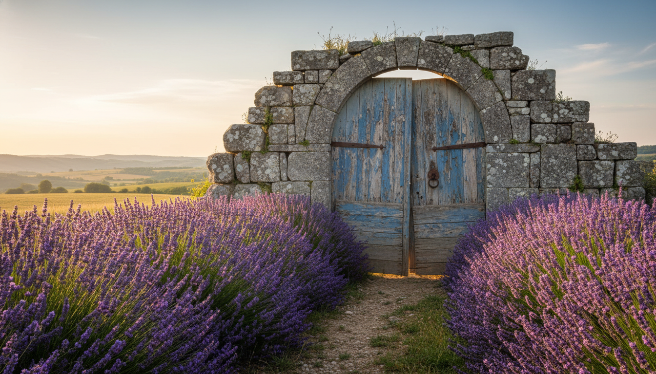 Lavande en fleurs au pied d'une porte ancienne en pierre