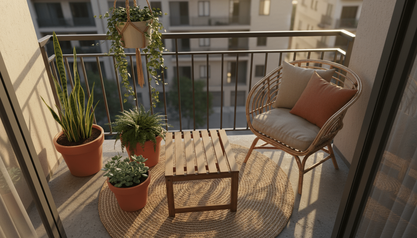 Petit balcon urbain aménagé avec tapis sisal et plantes en pots