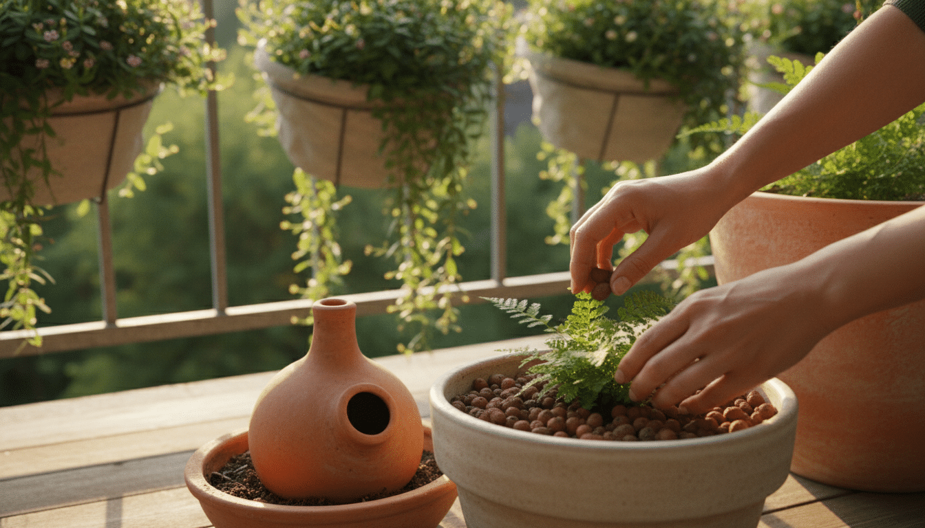 Paillage d'un pot de fleurs avec billes d'argile sur un balcon