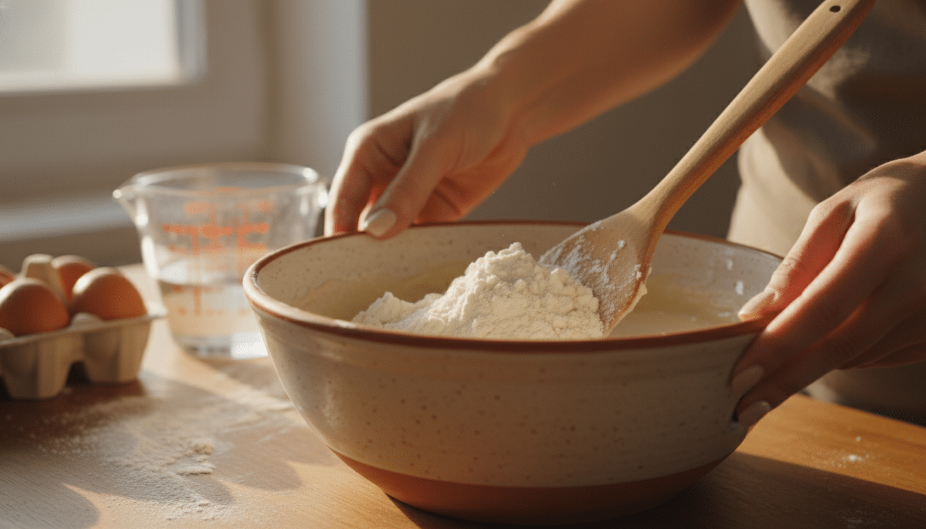 Mélange délicat de la farine dans la pâte à gâteau