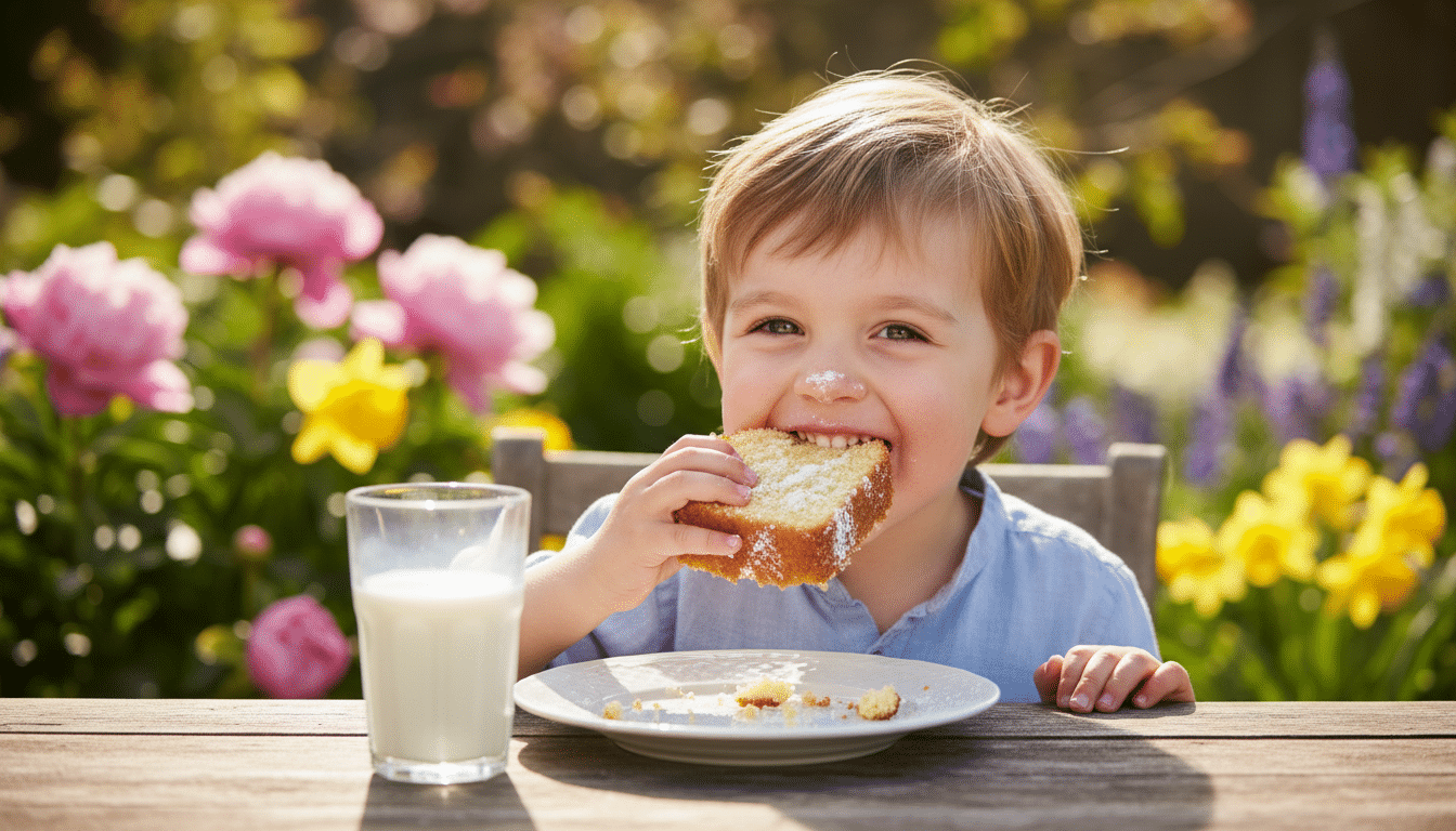 Enfant dégustant une tranche de gâteau moelleux à la vanille