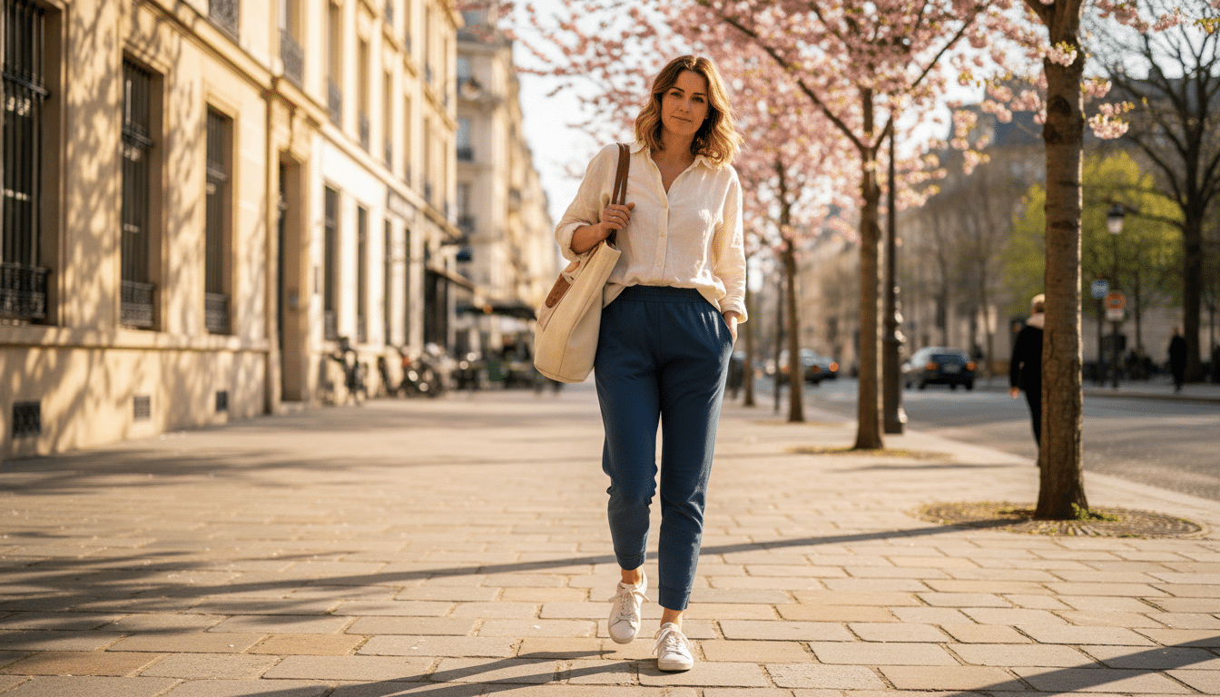 Femme portant le pantalon yoga Decathlon bleu acier en ville