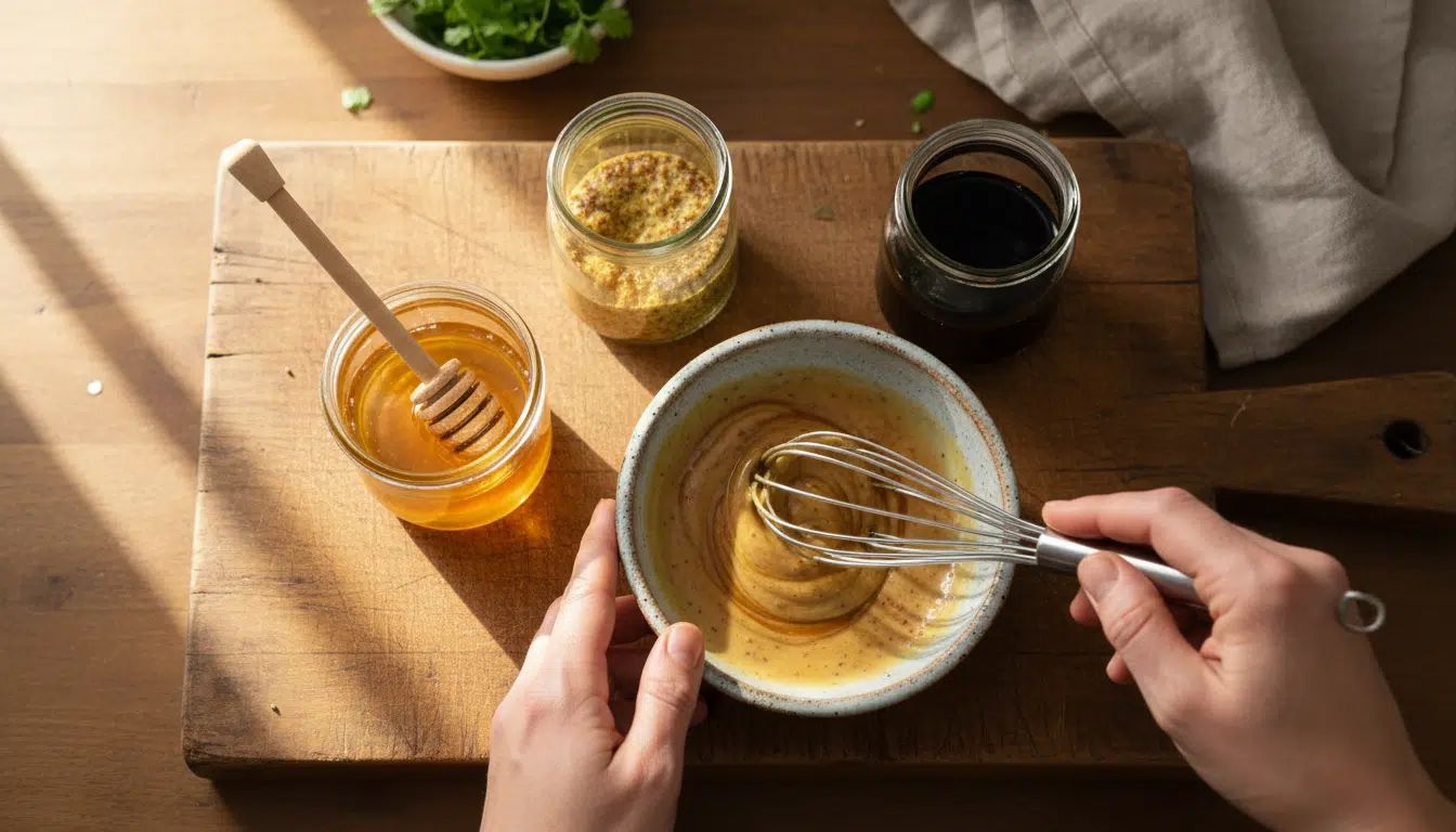 Préparation sauce barbecue maison miel moutarde sauce soja