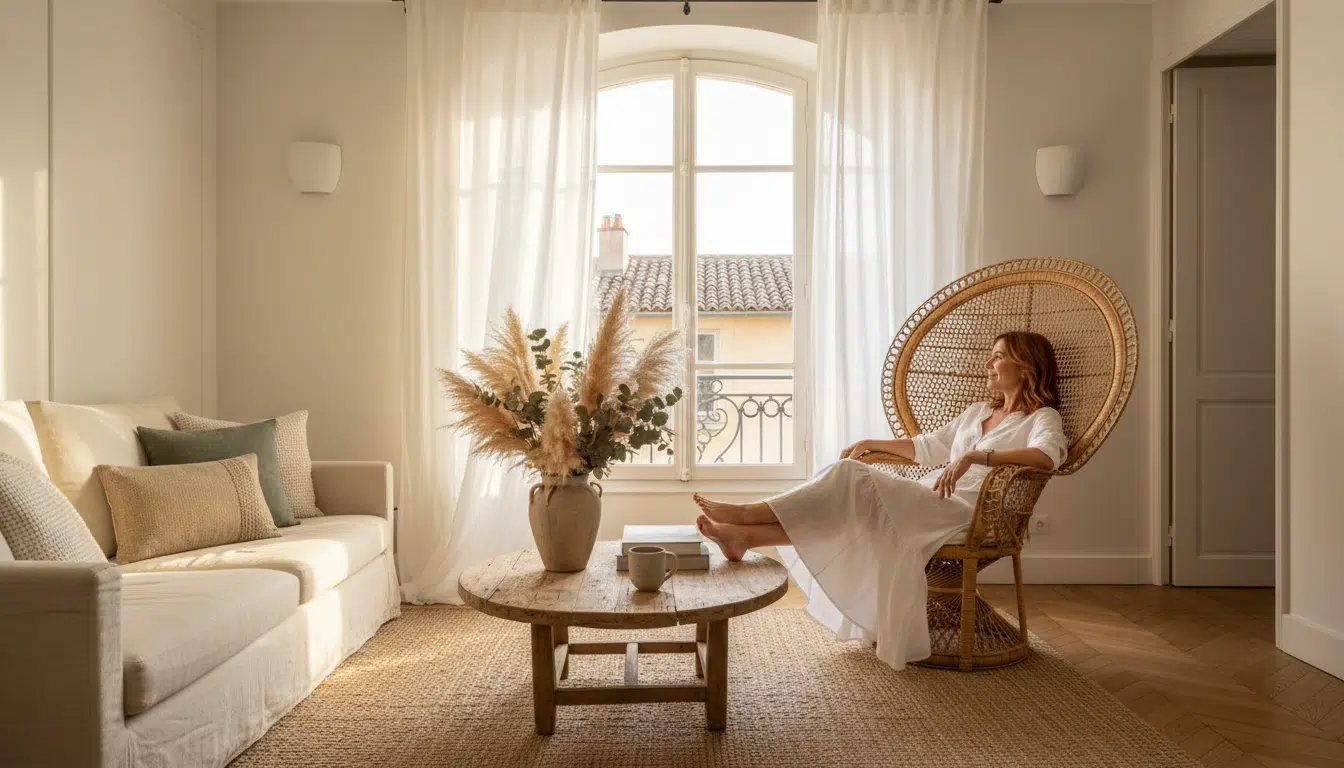 Fauteuil en rotin dans un salon lumineux en été