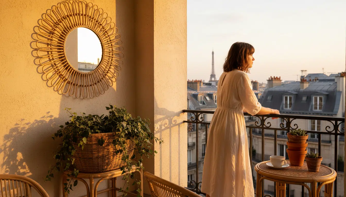 Balcon parisien décoré avec des accessoires en rotin