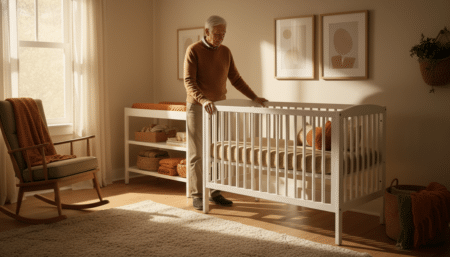 Grand-parent pensif devant un lit à barreaux classique