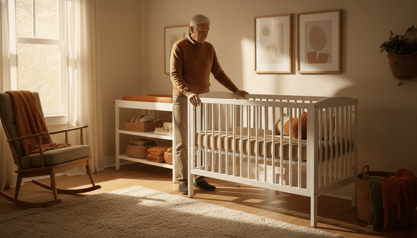 Grand-parent pensif devant un lit à barreaux classique