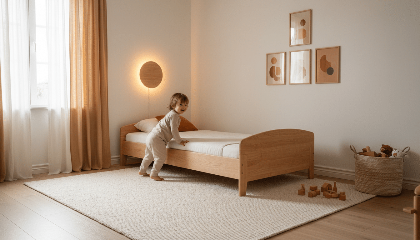 Enfant autonome montant sur un lit évolutif en bois