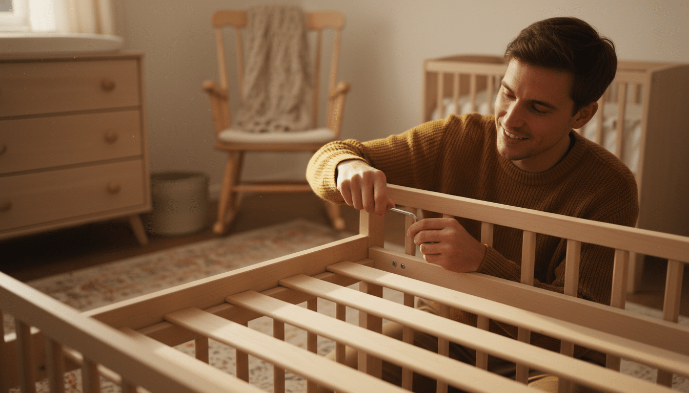 Parent ajustant le sommier réglable d'un lit bébé évolutif