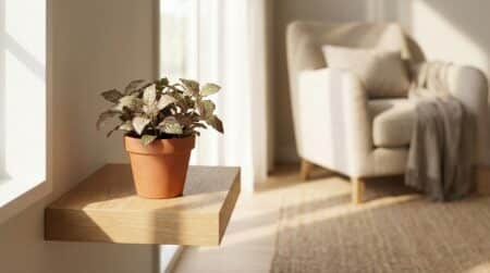 Fittonia aux nervures roses sur étagère en bois dans un salon lumineux
