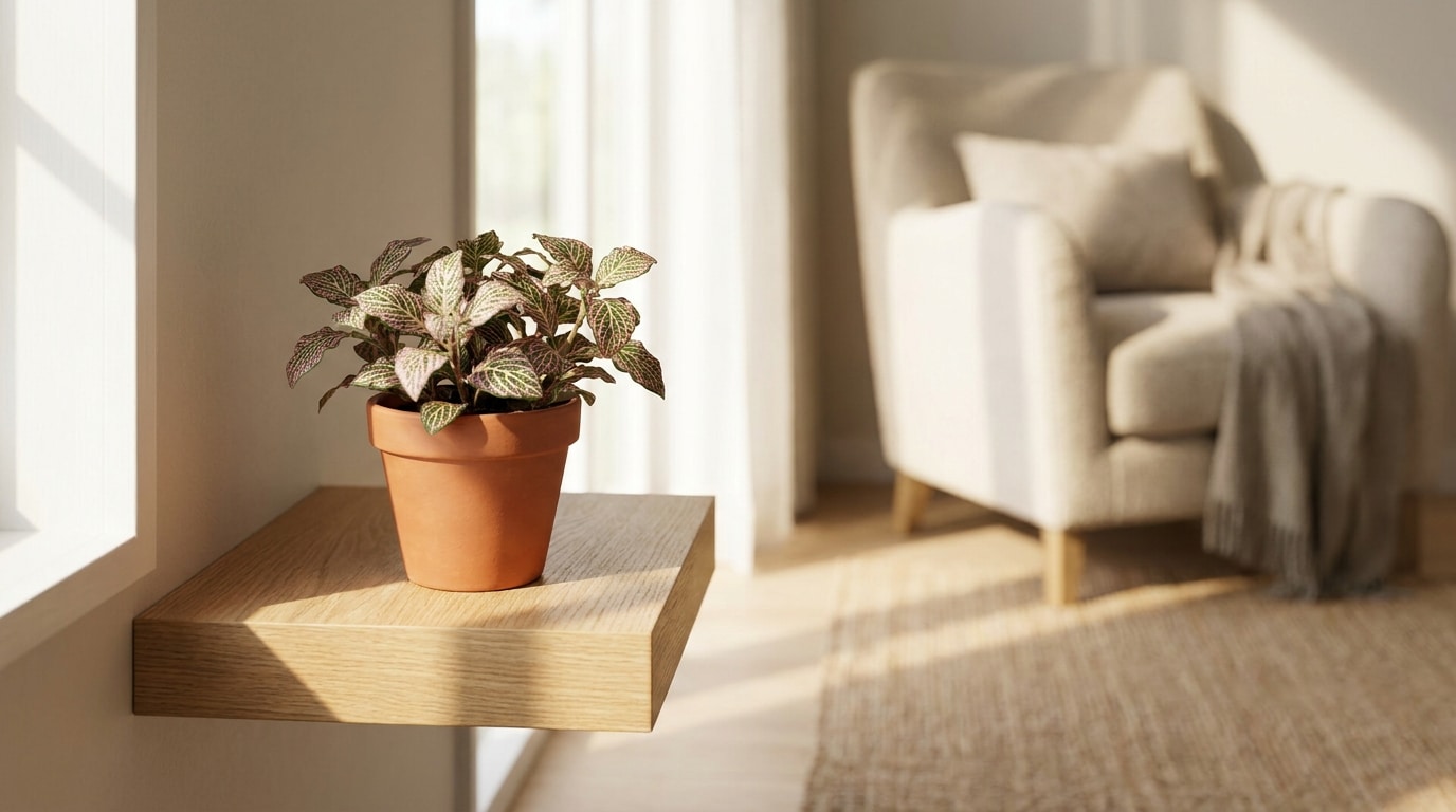 Fittonia aux nervures roses sur étagère en bois dans un salon lumineux