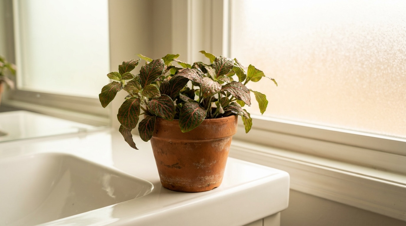 Fittonia en pot sur meuble de salle de bains avec gouttes d'eau