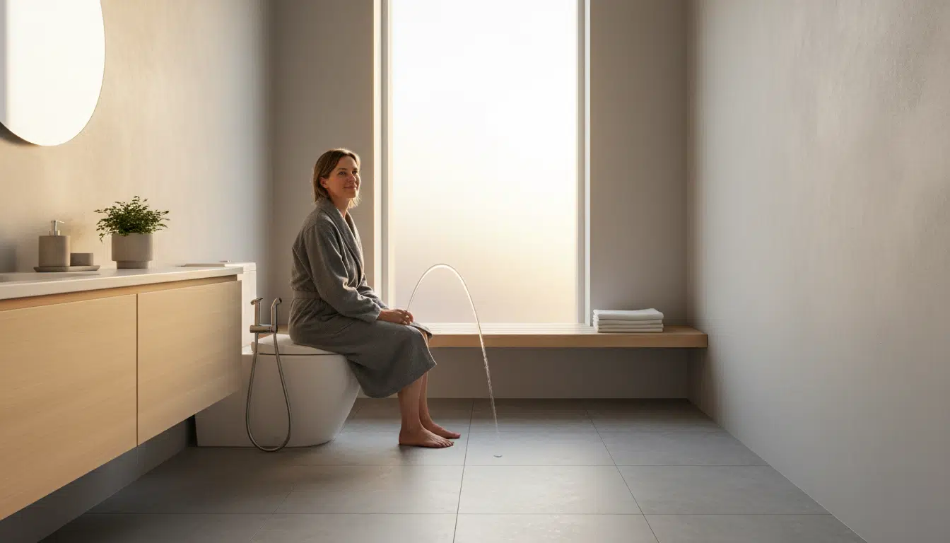 Salle de bains scandinave avec douchette WC installée