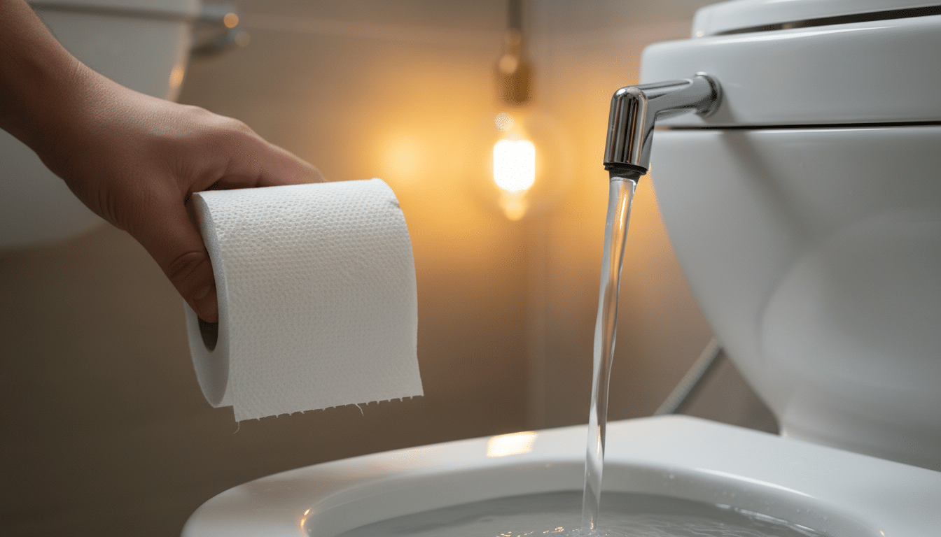 Comparaison papier toilette et jet d'eau de douchette