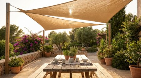 Voile d'ombrage triangulaire tendue au-dessus d'une terrasse en bois