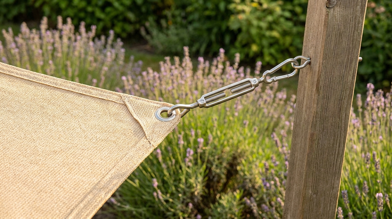 Détail de fixation d'une voile d'ombrage sur un poteau de jardin