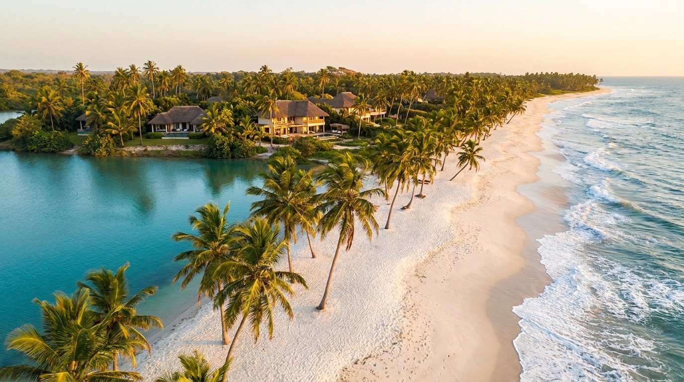 Plage de sable blanc bordée de cocotiers entre océan et lagune