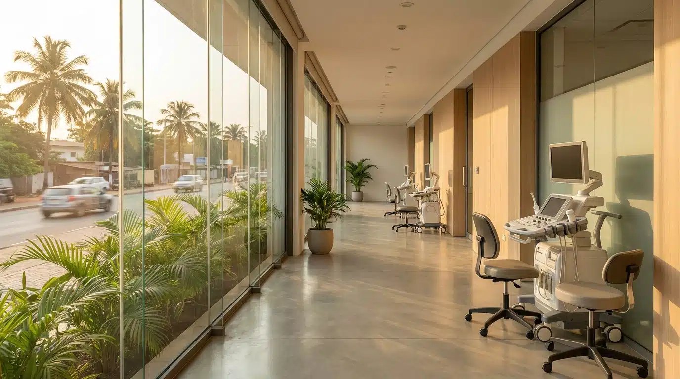 Intérieur lumineux d'une clinique privée moderne en Afrique de l'Ouest