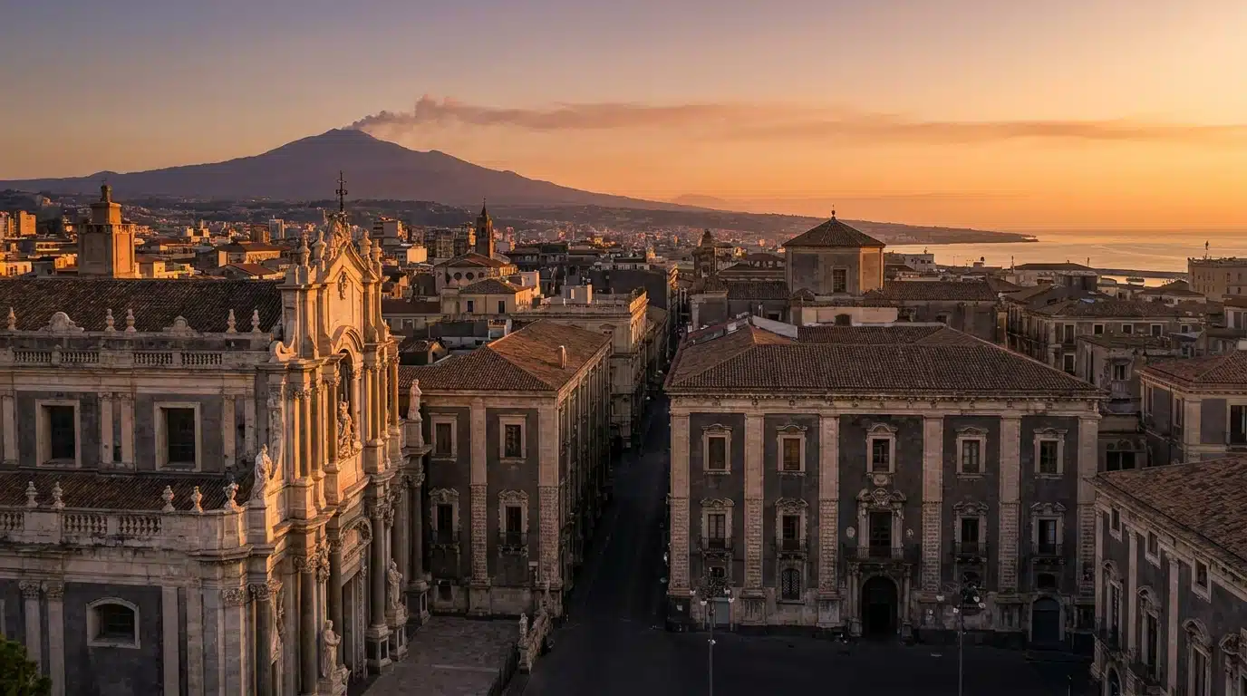 Vue de Catane avec ses façades baroques et l'Etna au crépuscule