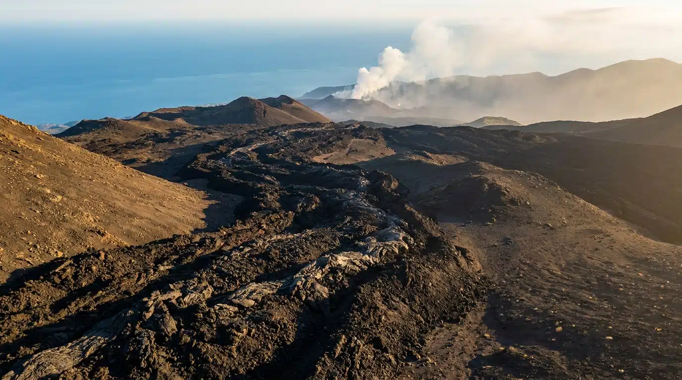 Sentier de lave noire sur l'Etna avec la mer Ionienne en contrebas