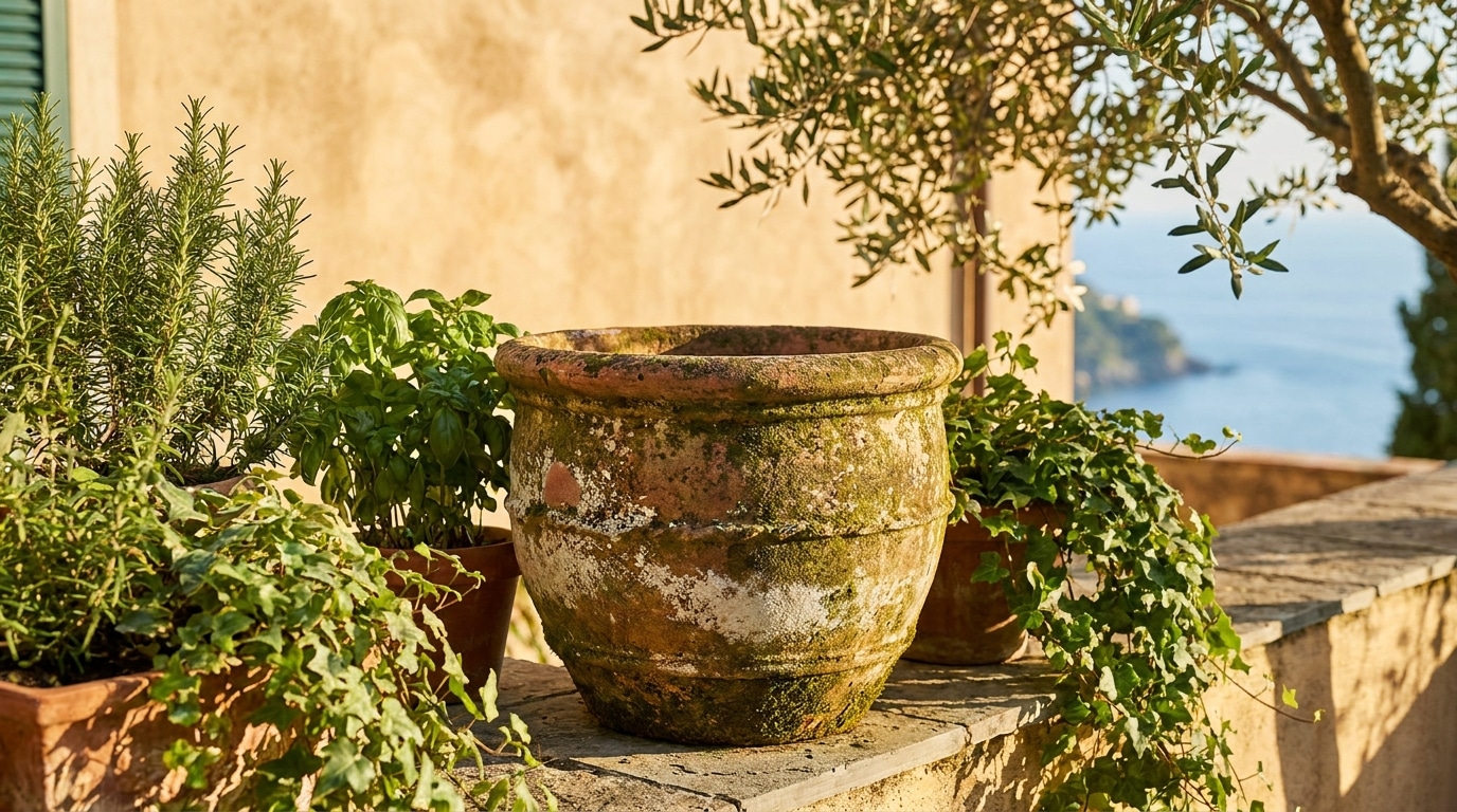Jardinière en terre cuite patinée sur un balcon ensoleillé