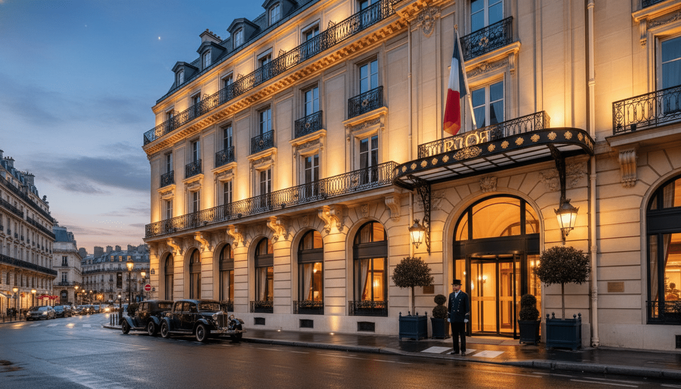 Façade d'un palace parisien illuminé au crépuscule