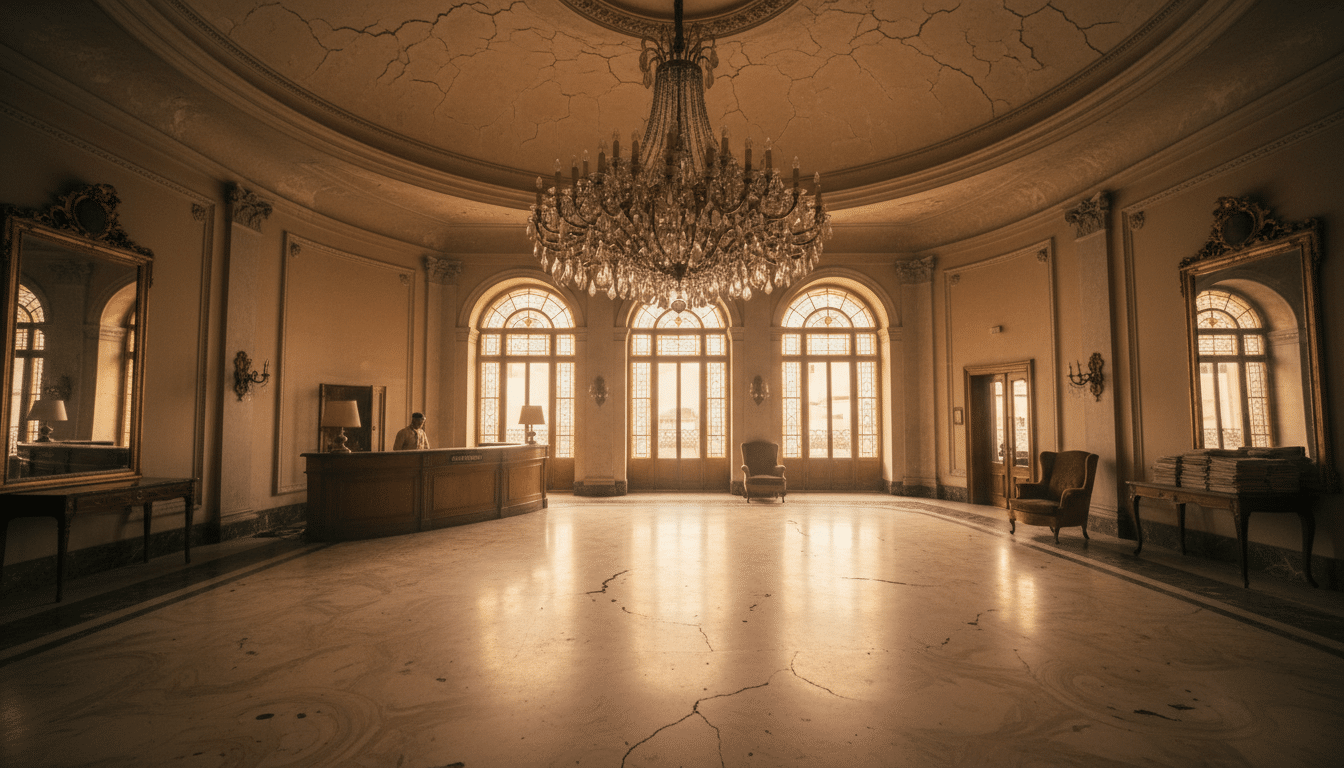 Hall vieillissant d'un grand hôtel de luxe parisien