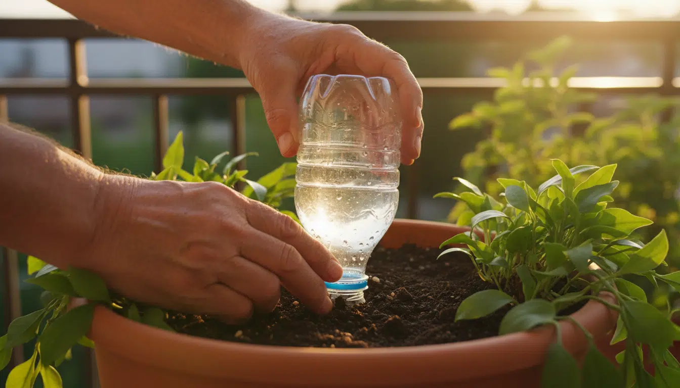 Bouteille retournée plantée dans un pot pour arrosage goutte-à-goutte