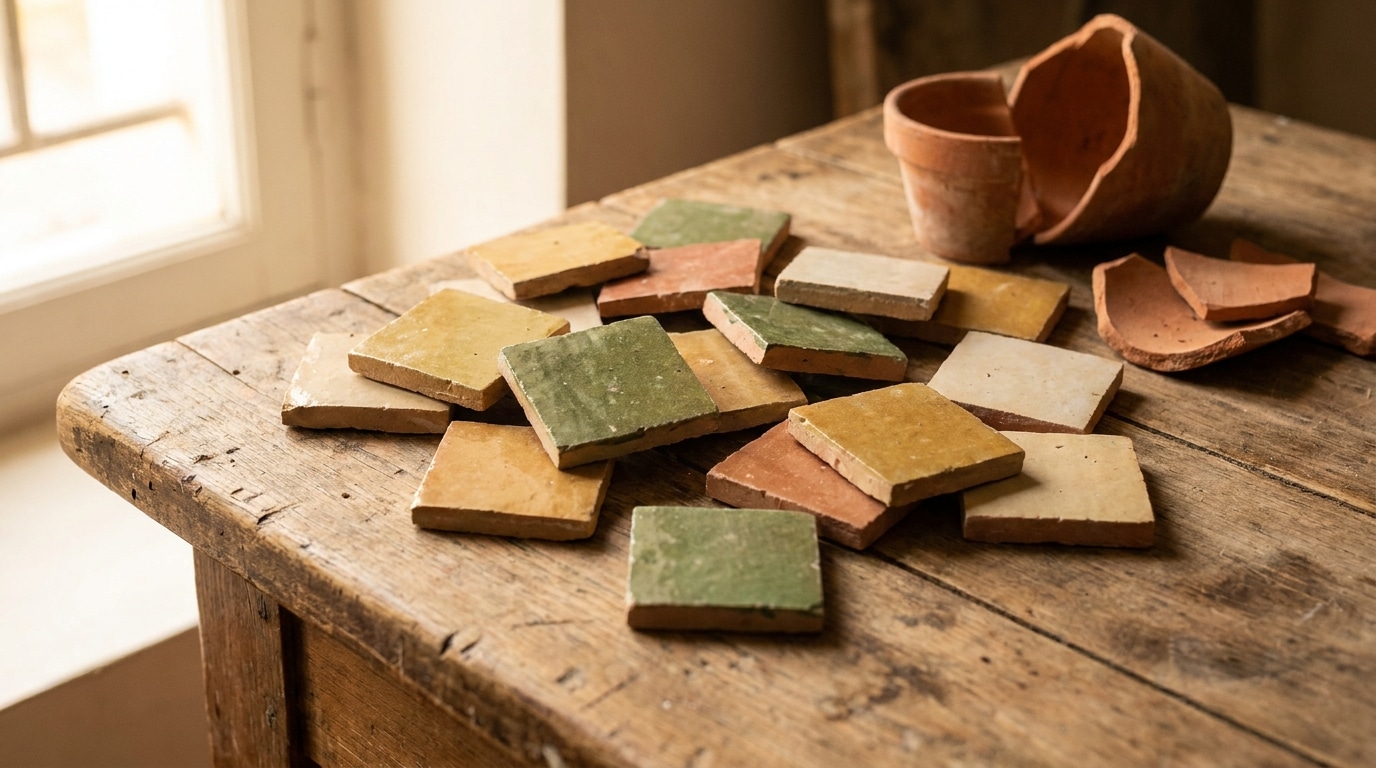 Échantillons de zelliges marocains artisanaux sur table en bois