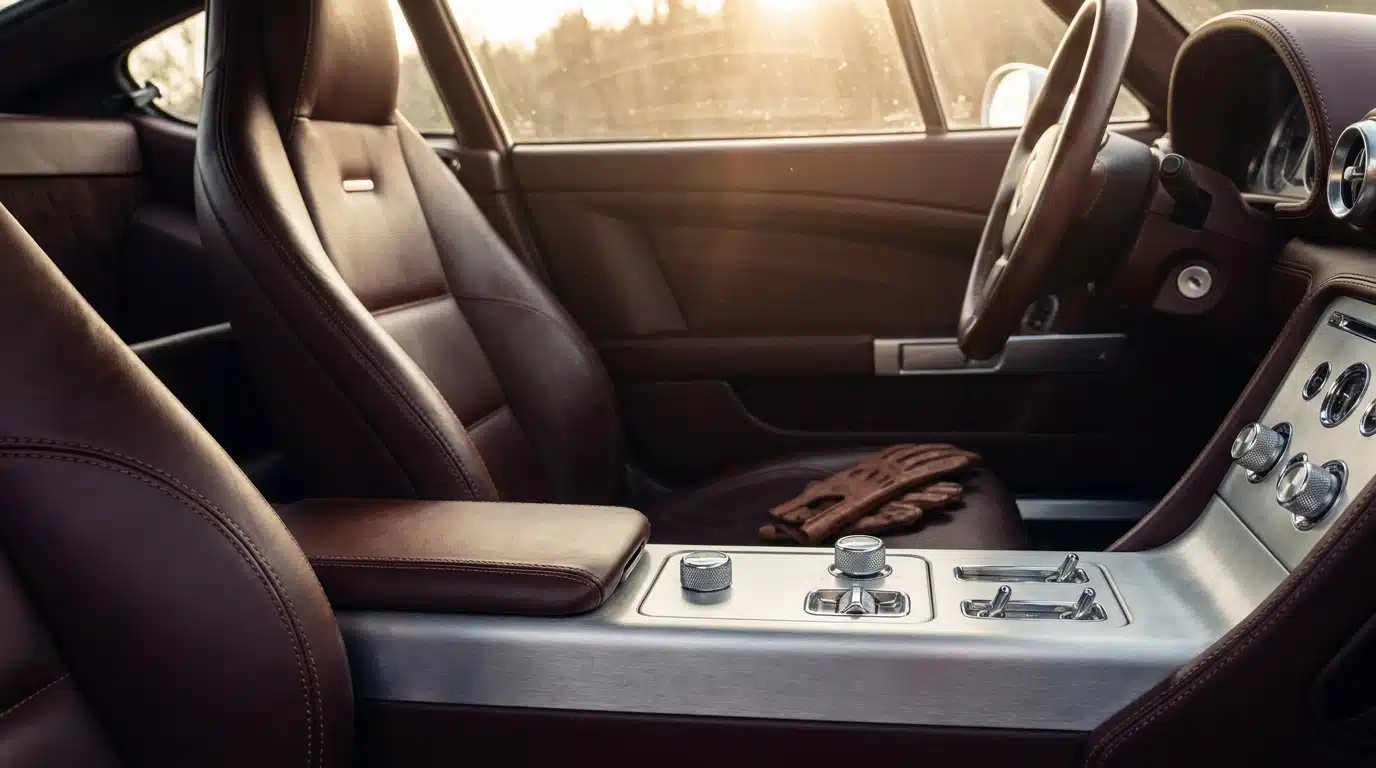 Intérieur luxueux d'une voiture avec boutons en verre et sièges en cuir