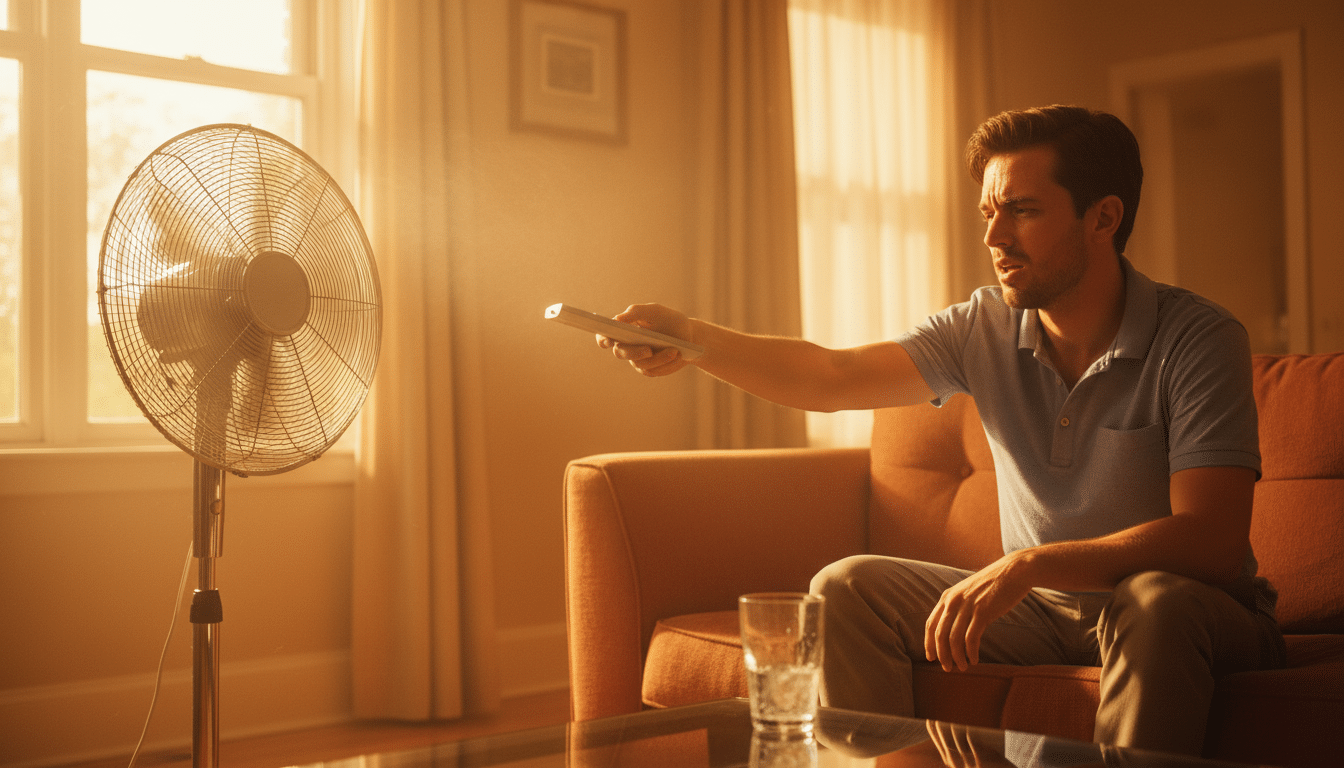 Personne transpirant devant un ventilateur sur pied dans un salon