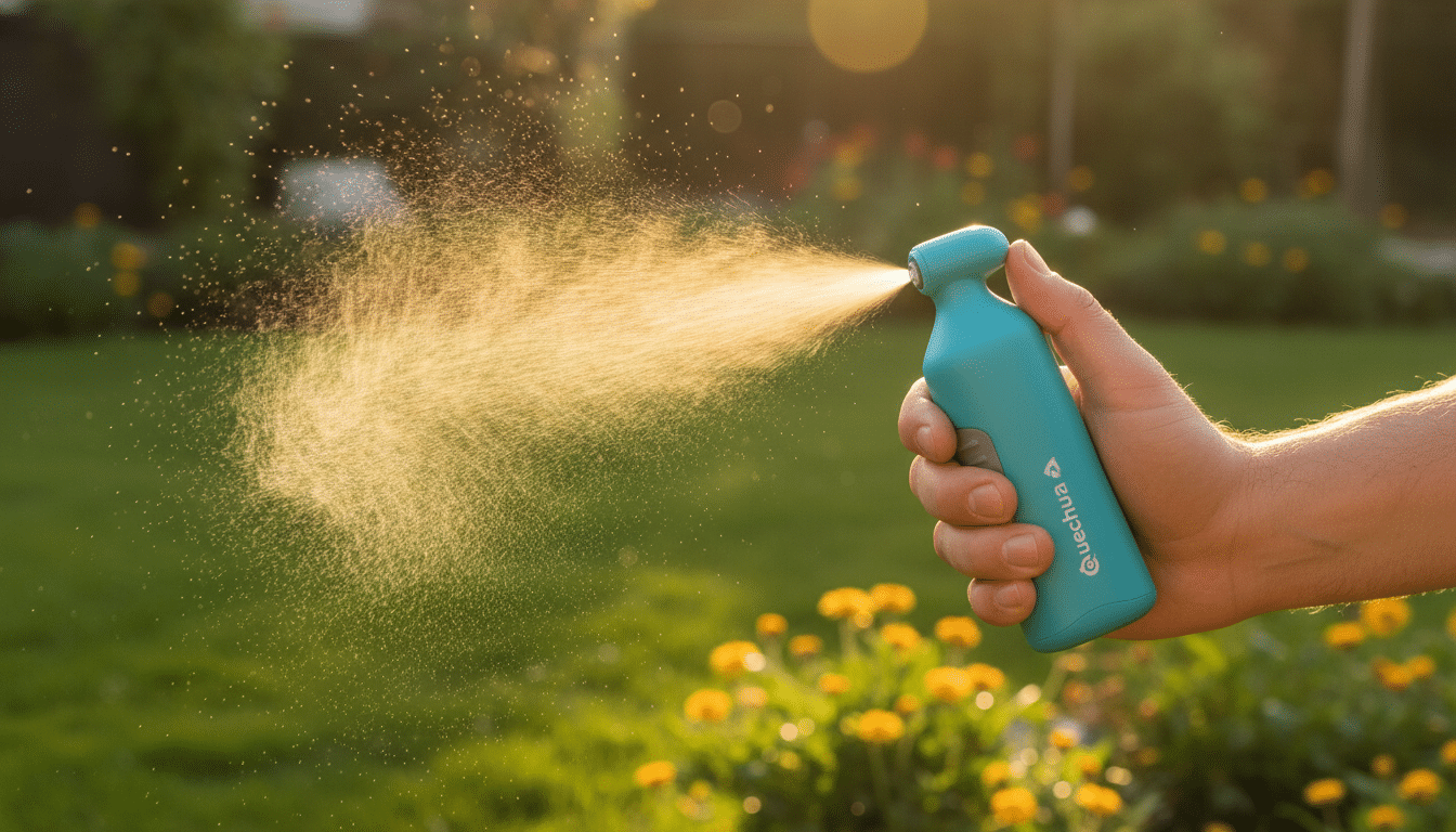 Brumisateur portable Quechua tenu en main dans un jardin ensoleillé