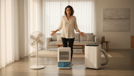 Ventilateur, rafraîchisseur et climatiseur côte à côte dans un salon