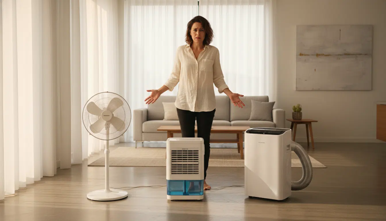 Ventilateur, rafraîchisseur et climatiseur côte à côte dans un salon