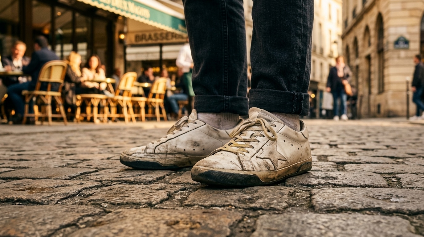 Baskets blanches usées sur un trottoir parisien