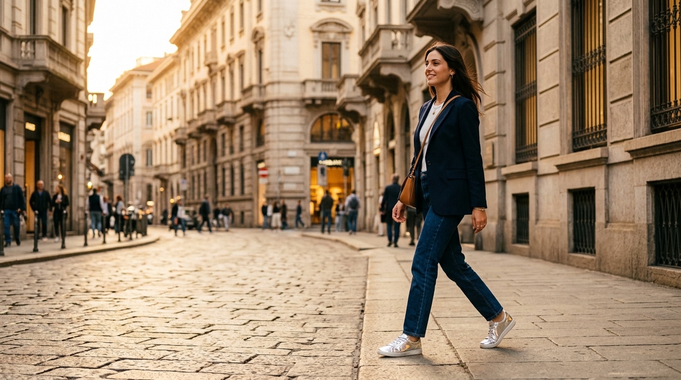 Femme portant des baskets argentées métallisées à Milan