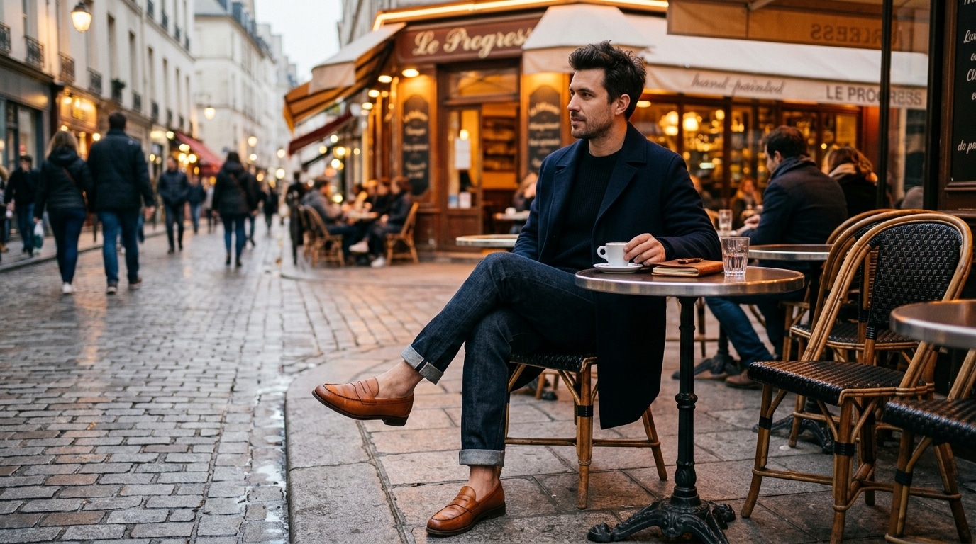 Mocassins rétro en cuir caramel portés à une terrasse parisienne