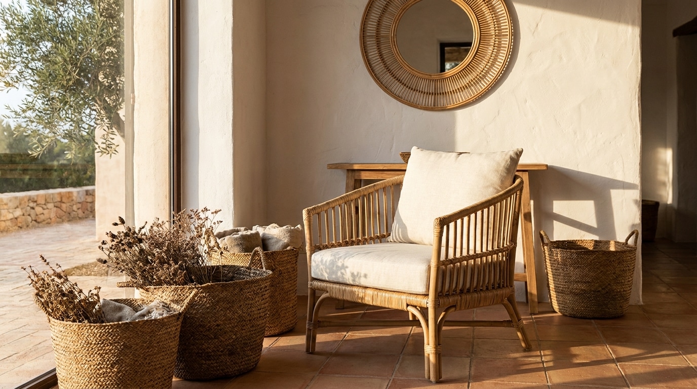 Fauteuil en rotin et paniers tressés dans un salon lumineux